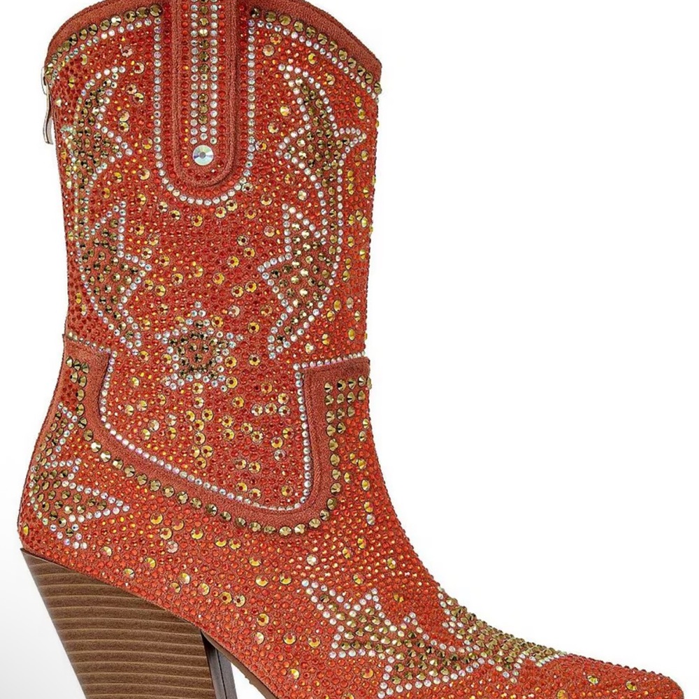 Azalea Wang Dazzling Orange Embellished Heeled Boots, new , 8.5